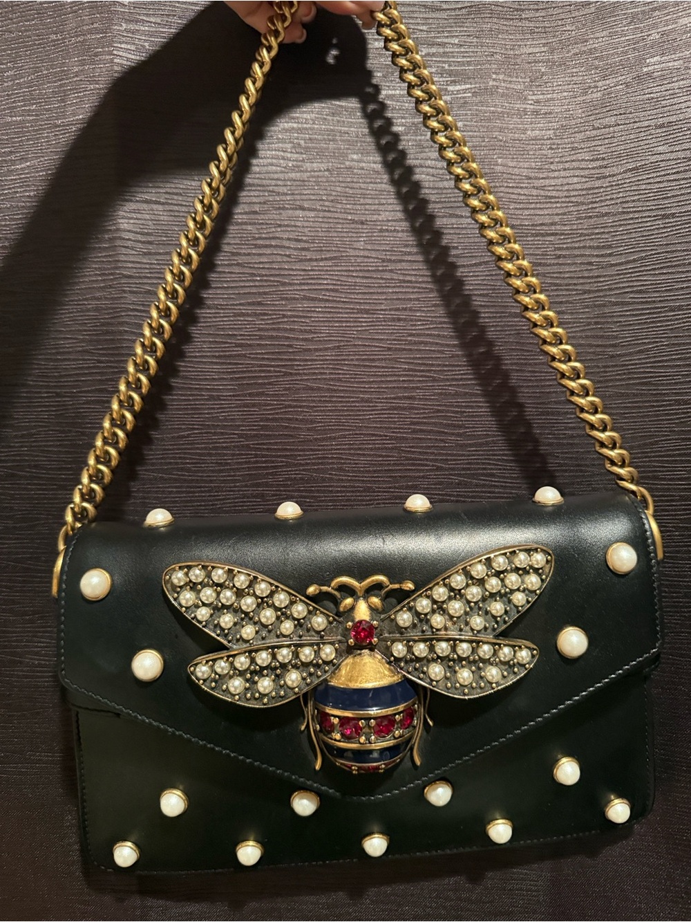GUCCI Black Embellished Bee Shoulder Bag with Pearl Studs